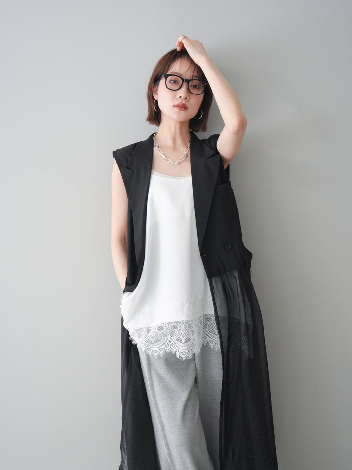 [SET]シアーレイヤードテーラードロングジレ+レーストリムキャミソール+2WAYデザインスウェットパンツ(3set)