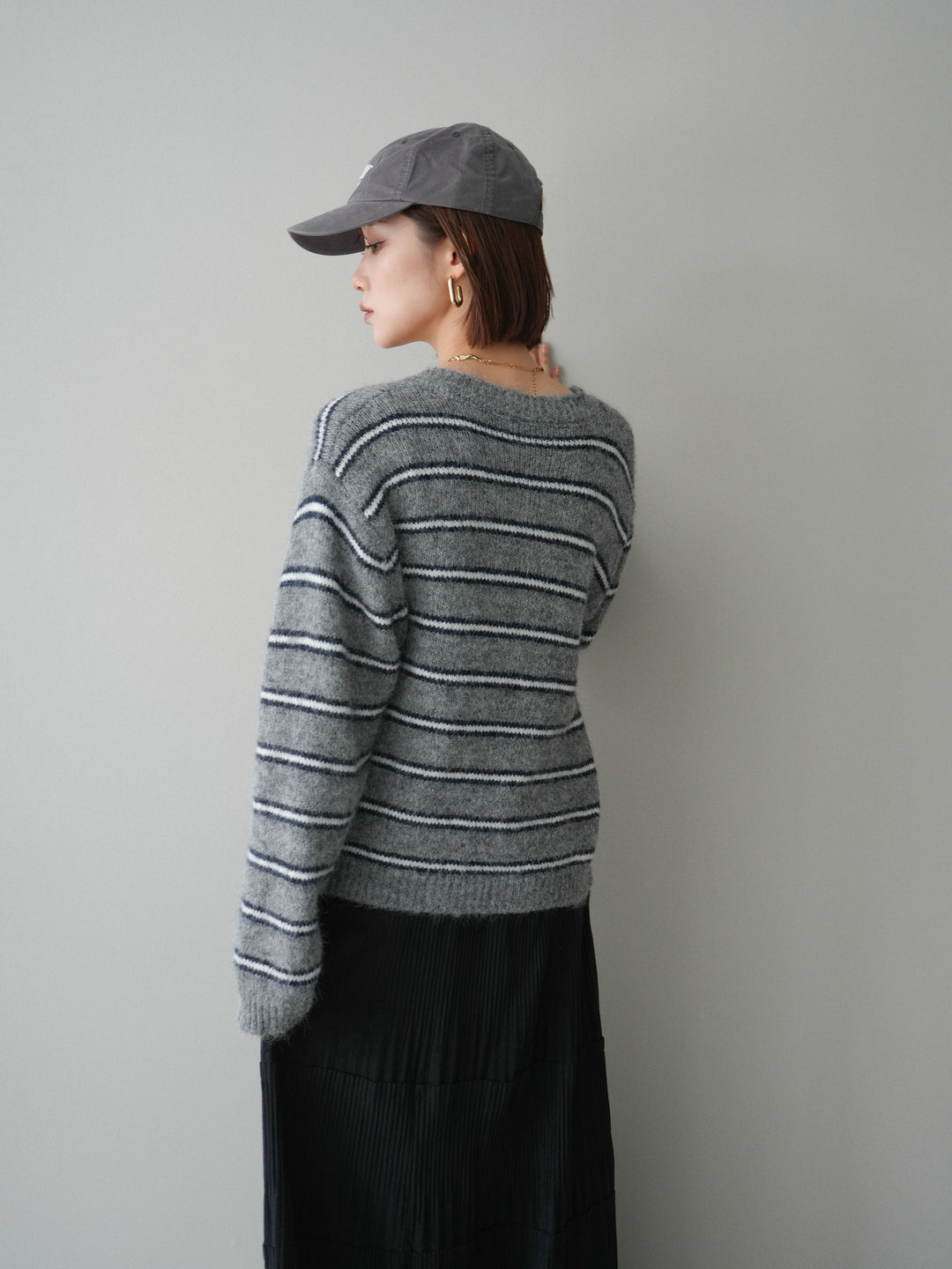 [予約]ボーダーシャギーニットカーディガン/gray