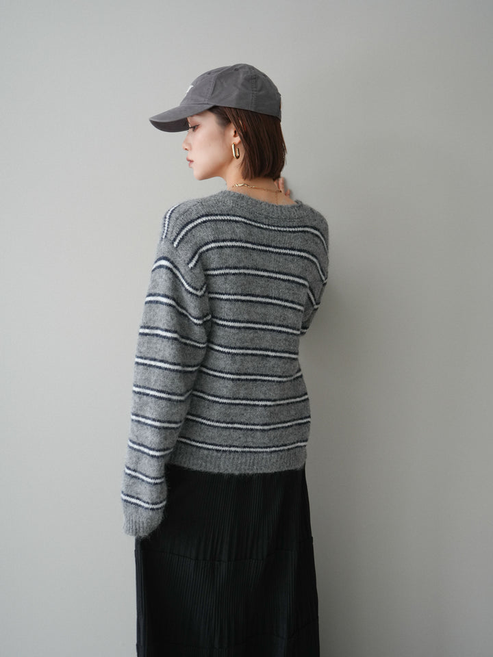 [予約]ボーダーシャギーニットカーディガン/gray