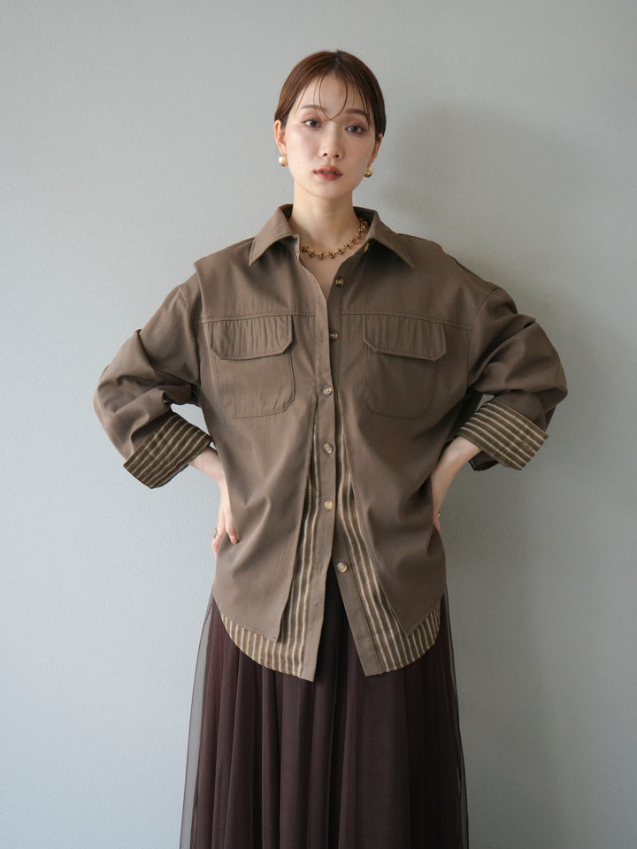 [予約]ストライプレイヤードシャツ/ブラウン