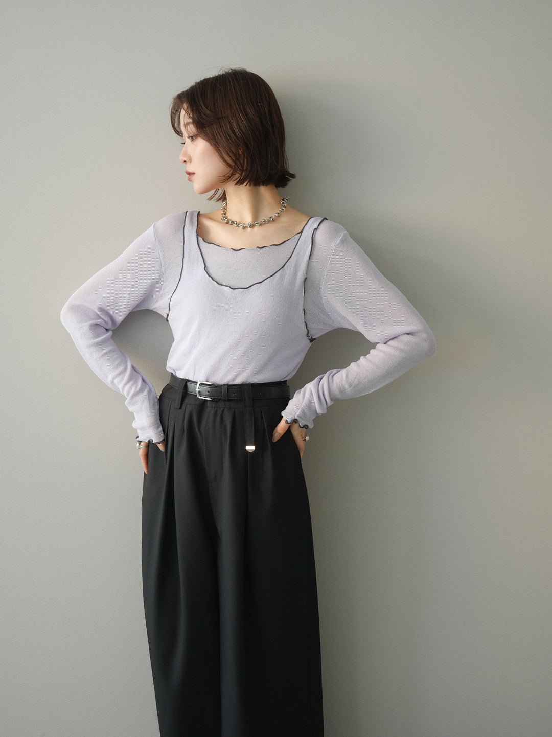 [SET]バイカラーメローアンサンブルシアーニットトップス+選べるアクセセット(2set)