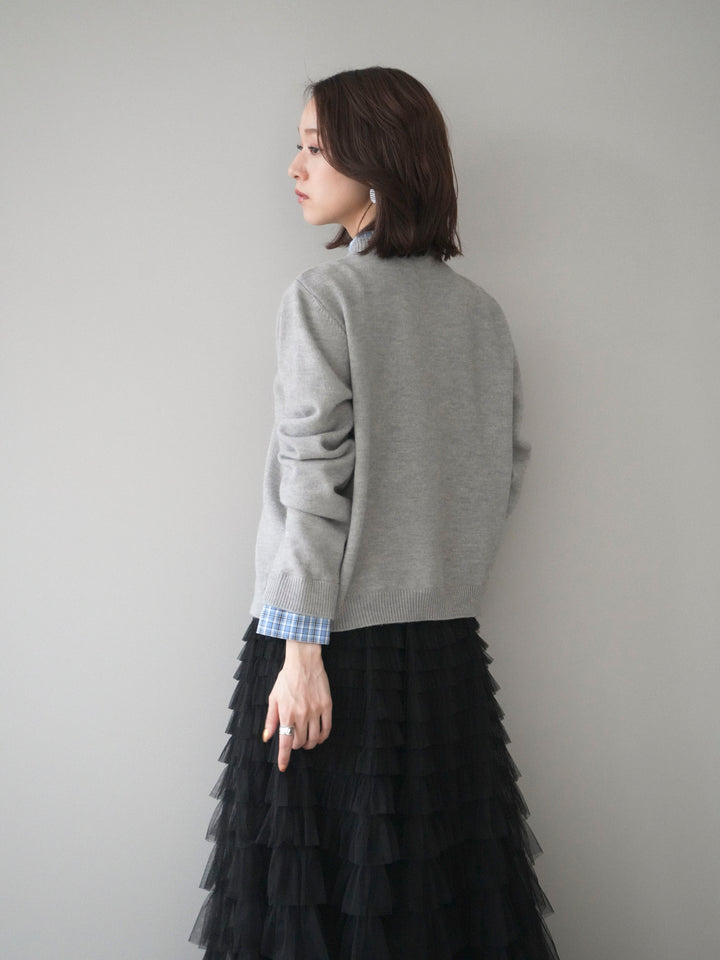 [予約]チェックシャツレイヤードデザインニットカーディガン/gray
