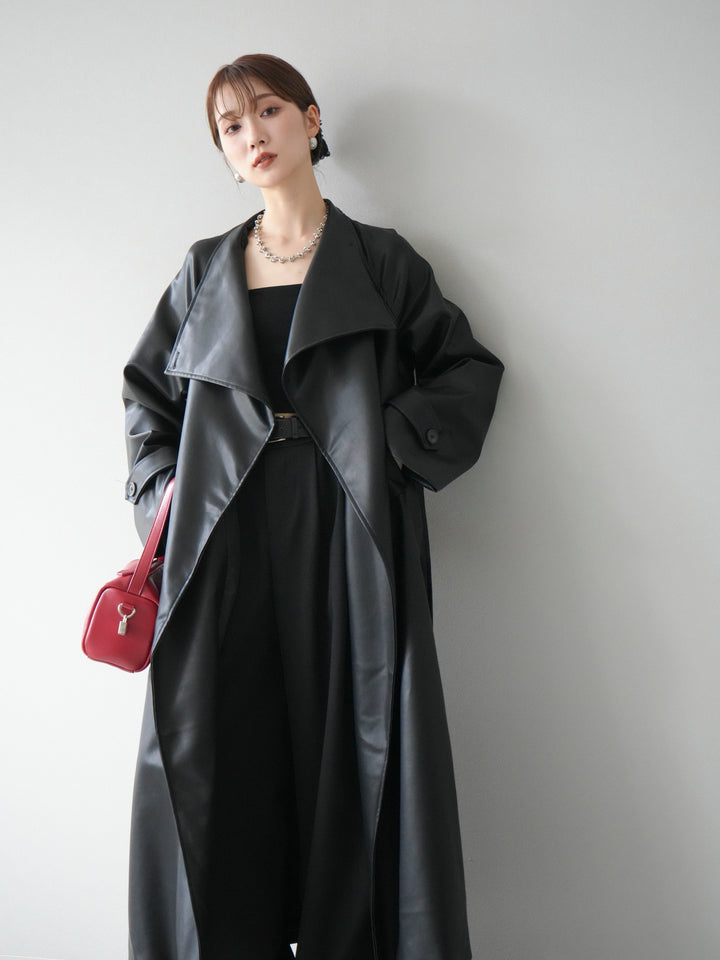 [予約]BIGカラーレザーロングコート/ブラック