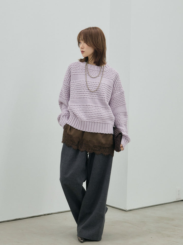 【Allure】[SET]ライン編みニットプルオーバー+ループデザインツイルワイドパンツ(2set)