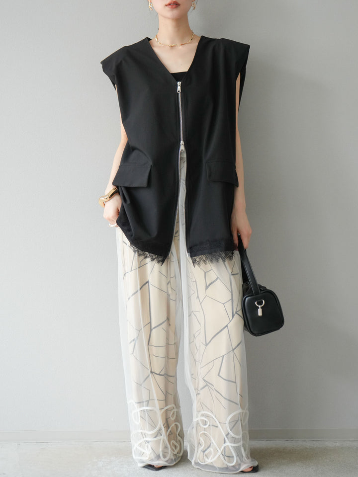 [預購] 雙拉鍊蕾絲下擺背心/黑色