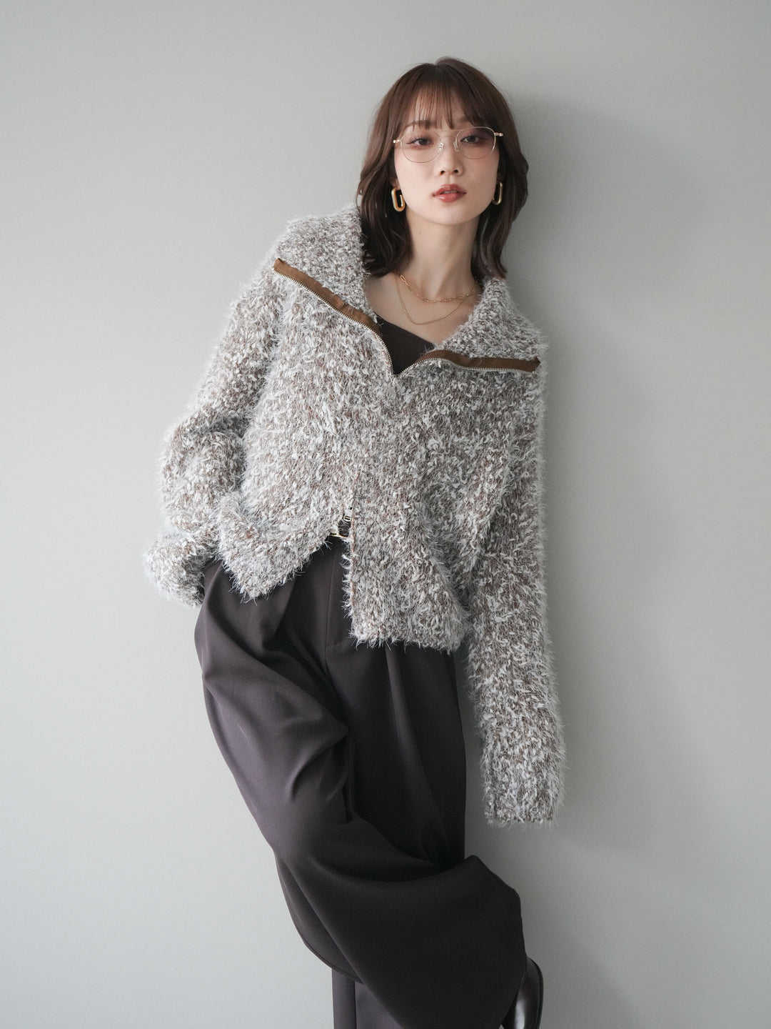 [予約]ミックスシャギージップニットカーディガン/brown