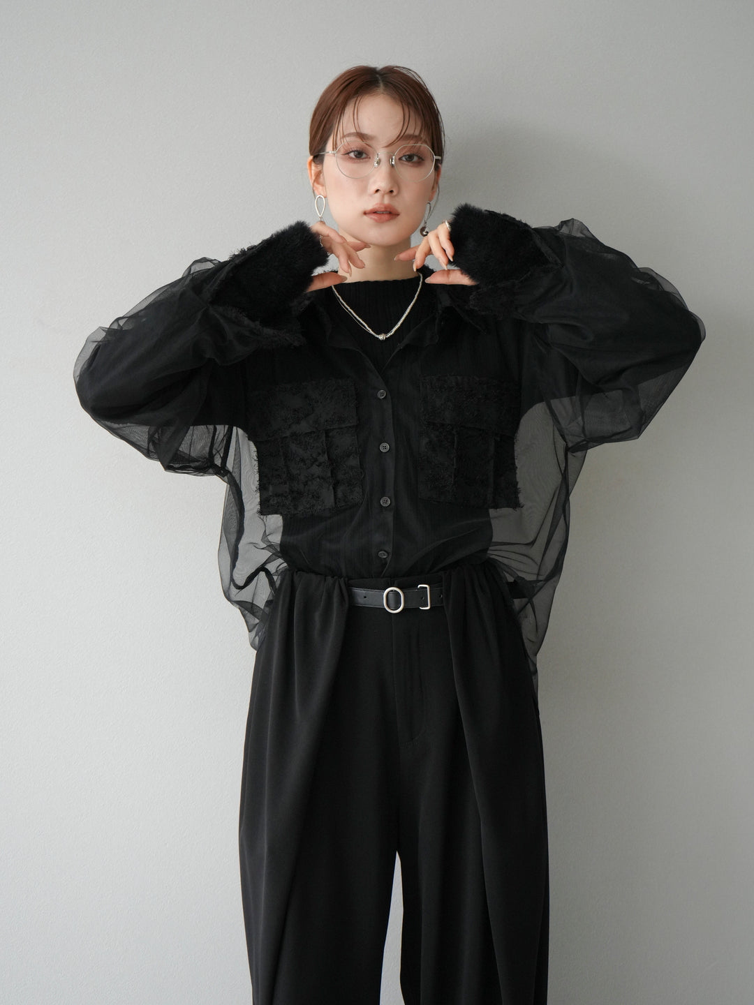 [予約]フリンジジャガード×チュールレイヤードシャツ/ブラック