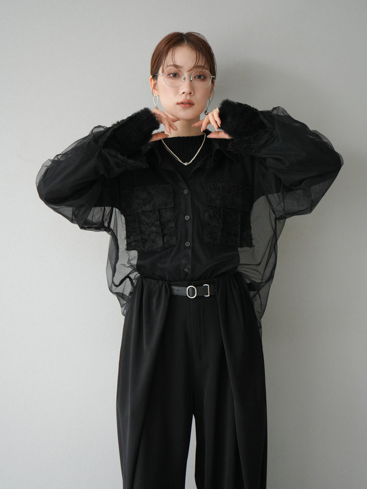 [予約]フリンジジャガード×チュールレイヤードシャツ/ブラック