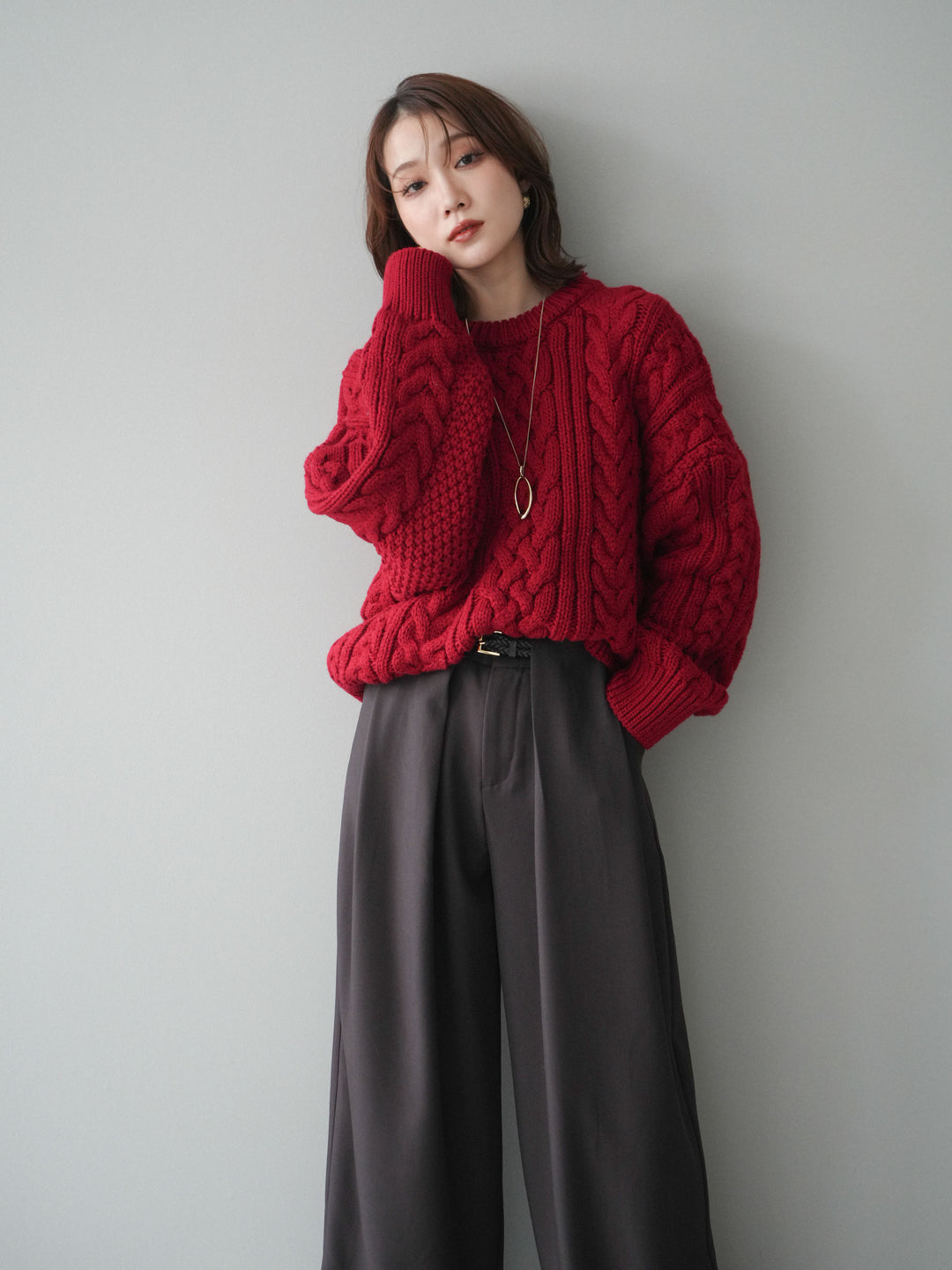 [予約]ボリュームケーブルニットプルオーバー/red