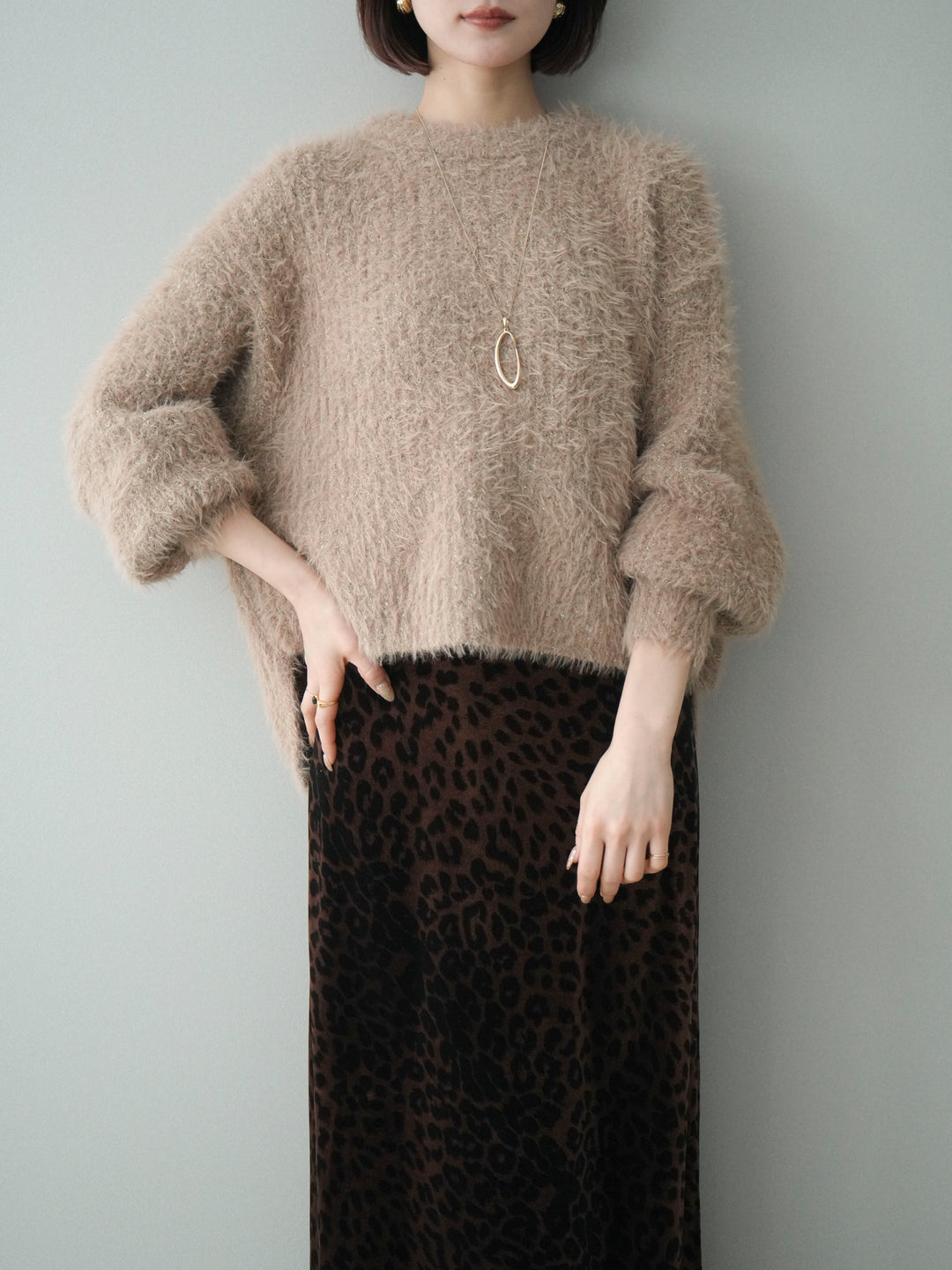 [SET]ボリュームスリーブシャギー MIXニットプルオーバー+選べるアクセセット(2set)