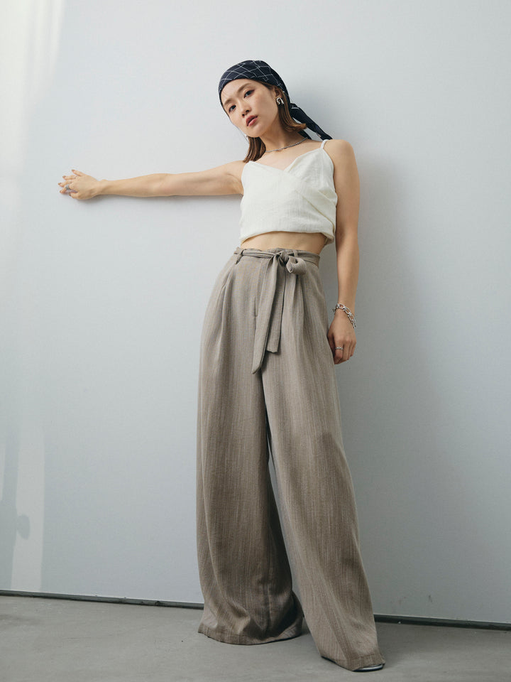 [SET]リネンライクカシュクールデザインビスチェ+リネンライクウエストリボンワイドパンツ(2set)