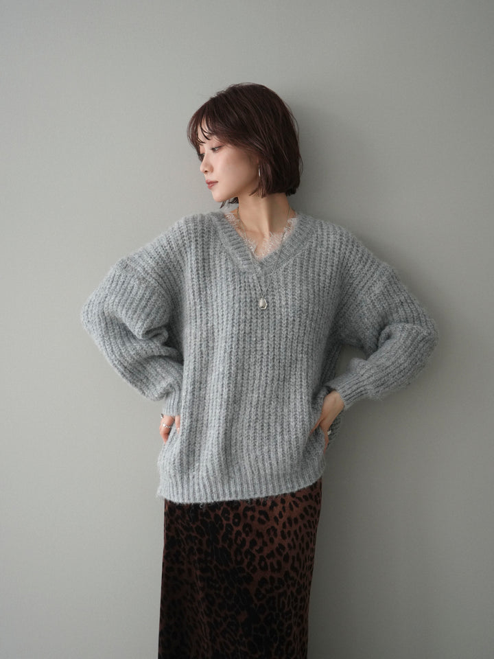 [SET]Vネックレースニットプルオーバー+レオパードベロアナロースカート(2set)