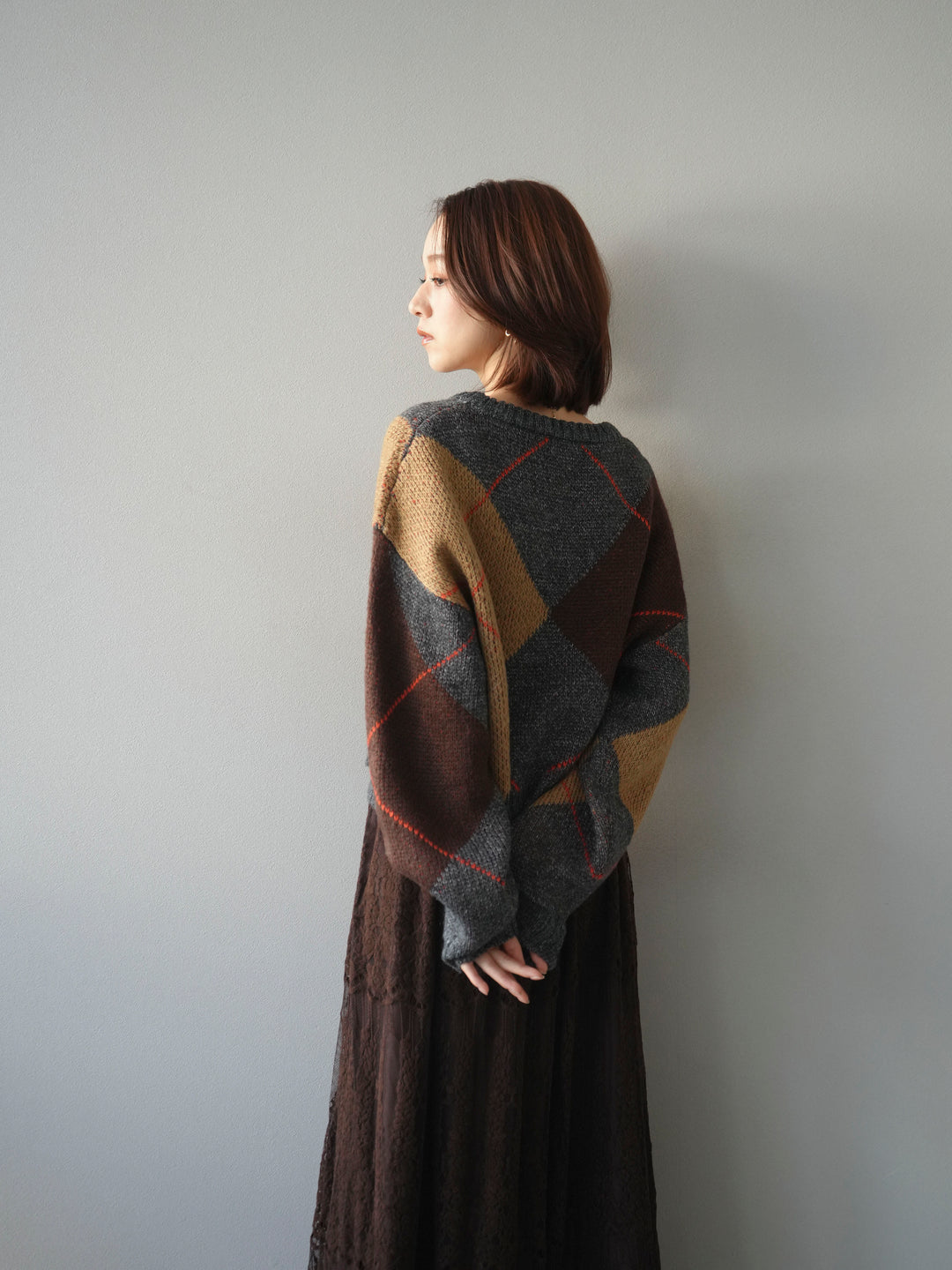 [SET]配色ステッチアーガイル柄ニットプルオーバー+ヴィンテージライクメッシュレーススカート(2set)