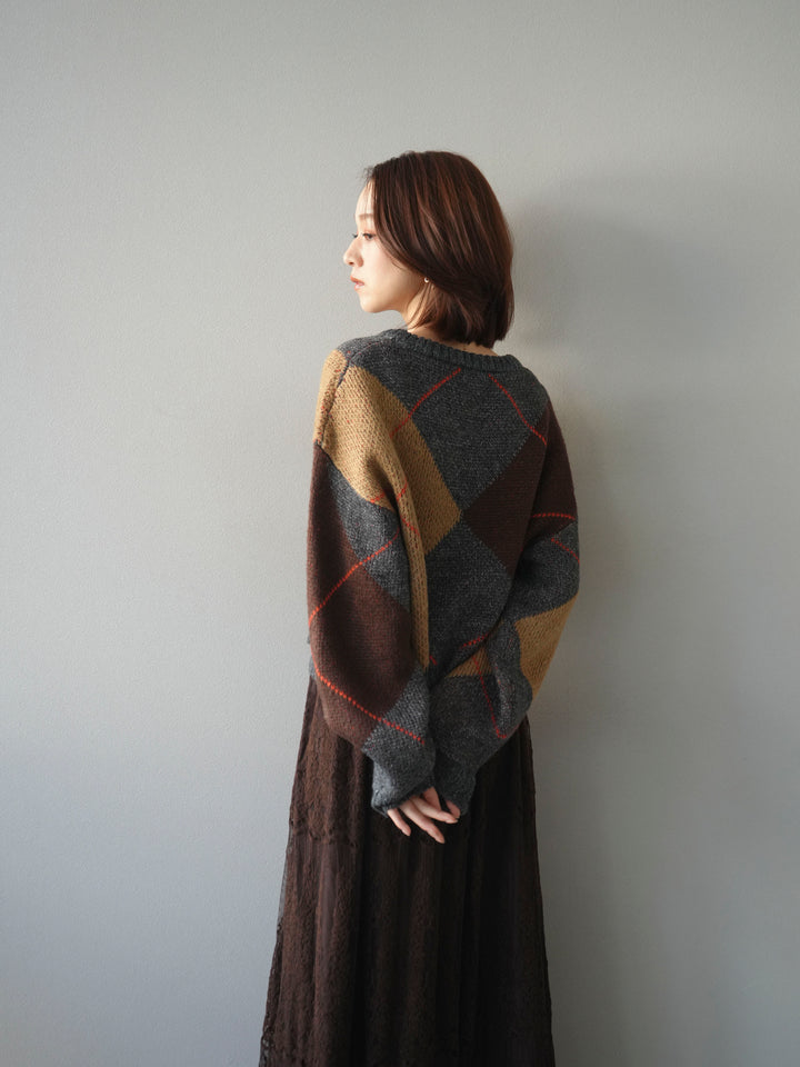 [SET]配色ステッチアーガイル柄ニットプルオーバー+ヴィンテージライクメッシュレーススカート(2set)