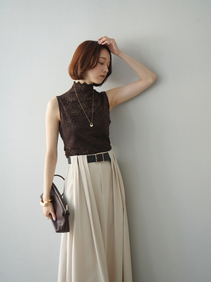 [予約]ノースリーブプチネックフラワージャガードトップス/brown