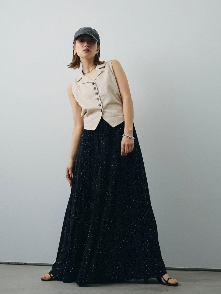 [SET]リネンライクテーラードジレ+ラインストーンプリーツスカート(2set)