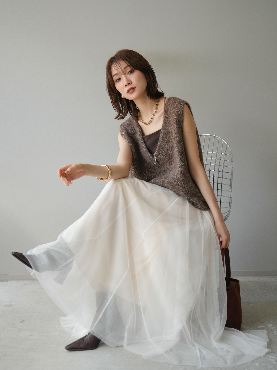 [予約]フロントZIPミックスニットベスト/ブラウン