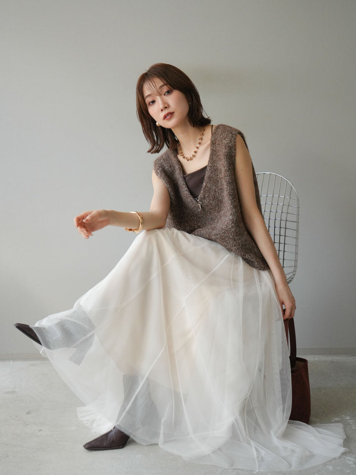 [予約]フロントZIPミックスニットベスト/ブラウン