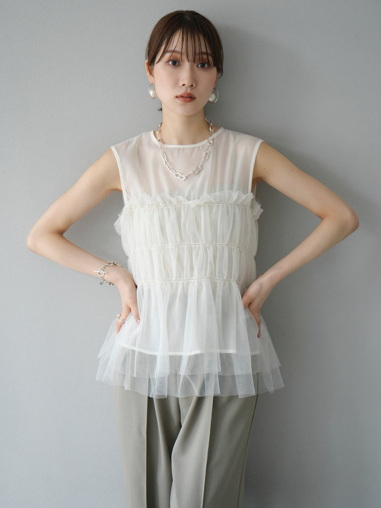 カデュネ 25SS チュールフリルトップス ノースリーブカットソー 36 白 カデュネ 25SS チュールフリルトップス ノースリーブカットソー 36 白