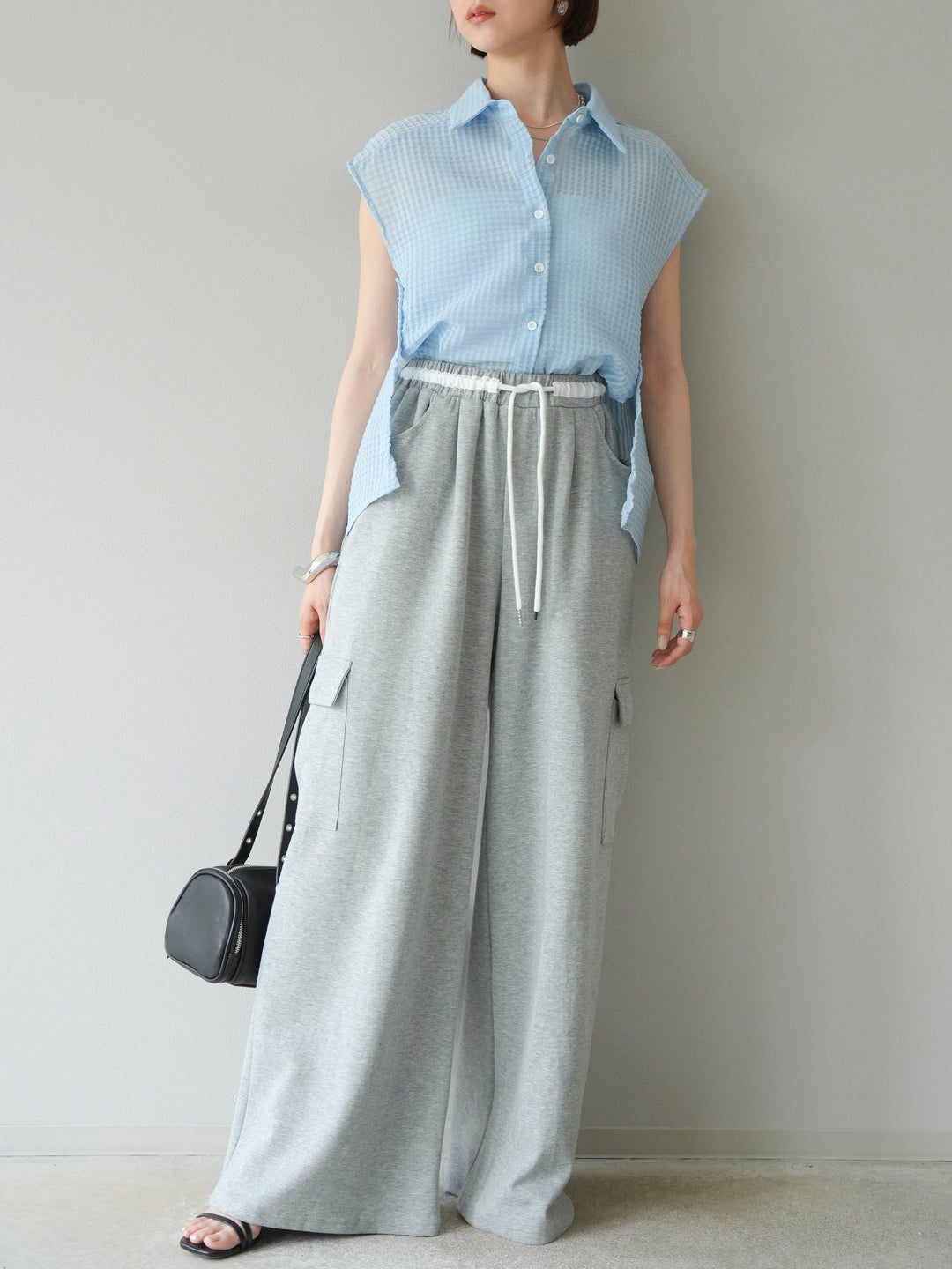 [予約]シアーチェックノースリーブシャツ/ライトブルー