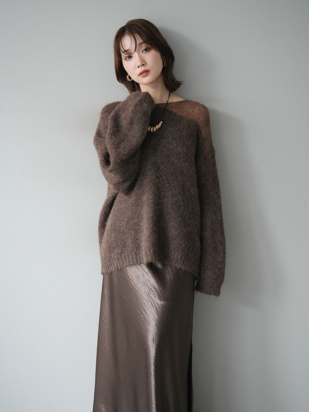 [予約]ネック透かし編みニットプルオーバー/ダークブラウン