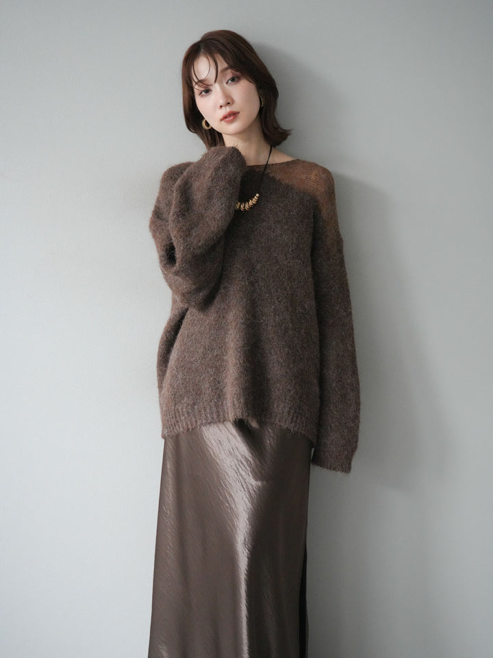 [予約]ネック透かし編みニットプルオーバー/ダークブラウン