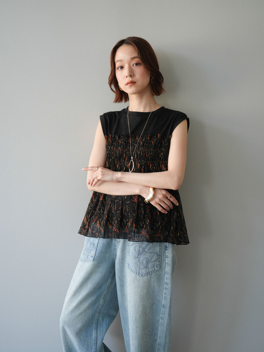 [予約]チュールプリントノースリーブトップス/black