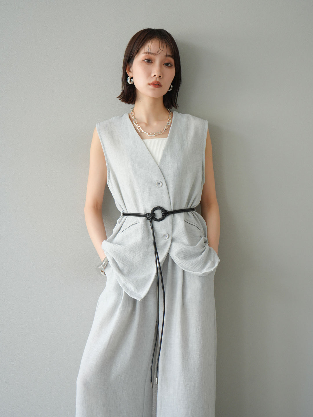 [SET]ベルト付リネンタッチベスト＆ワイドパンツSET UP(2set)