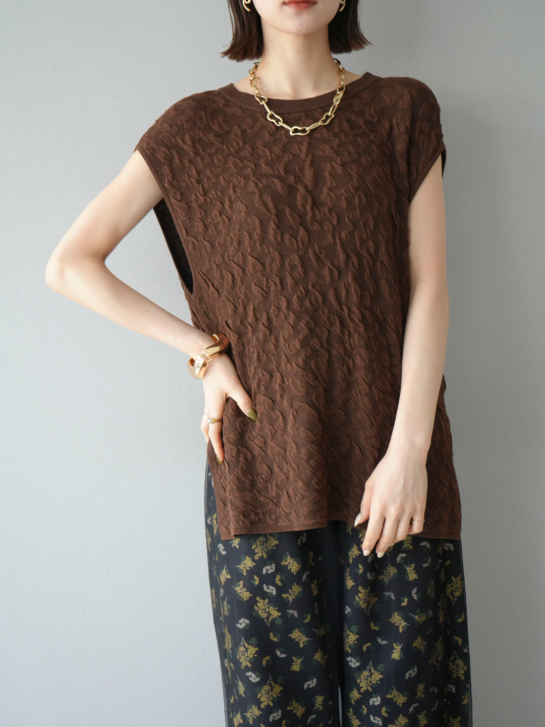 [SET]ポコポコノースリーブニットプルオーバー+コード刺繍チュールレイヤードパンツ(2set)