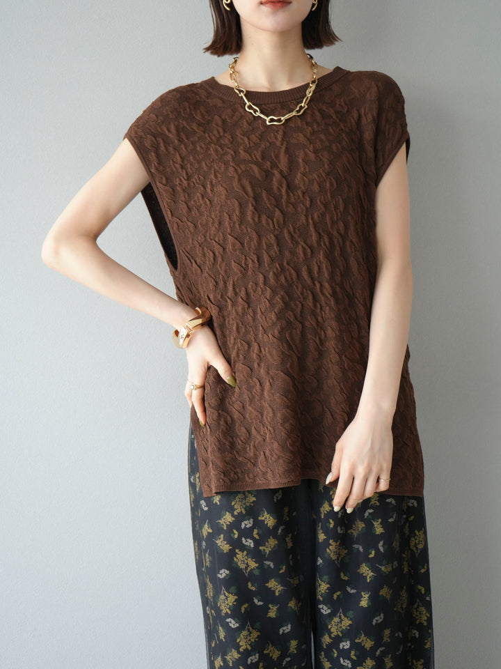 [SET]ポコポコノースリーブニットプルオーバー+コード刺繍チュールレイヤードパンツ(2set)