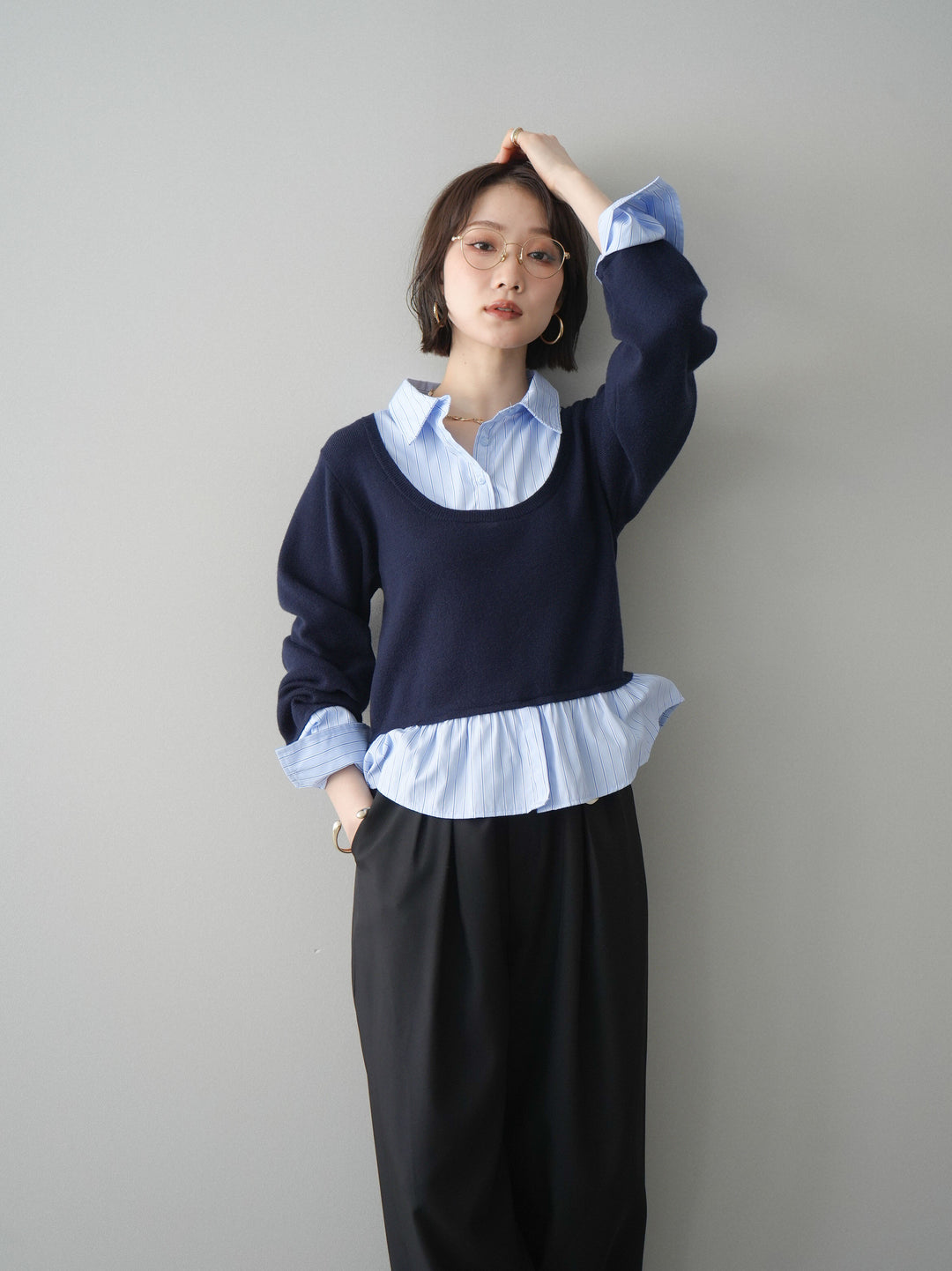 [予約]ストライプシャツUネックドッキングニットプルオーバー/navybluestripeB