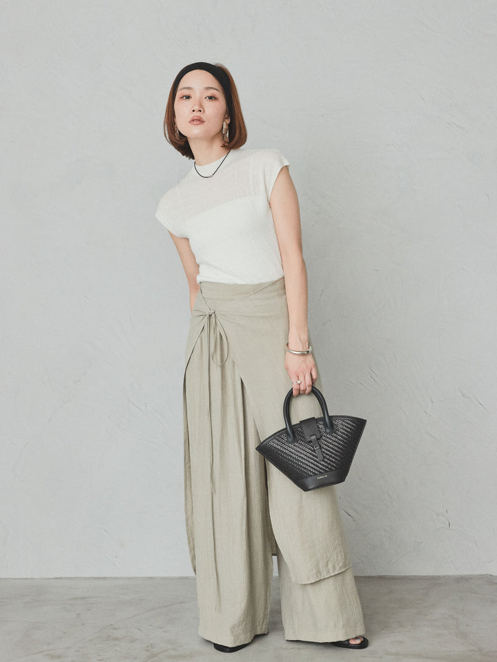 [予約]ワッシャーサテンレイヤードスカートパンツ/カーキベージュ