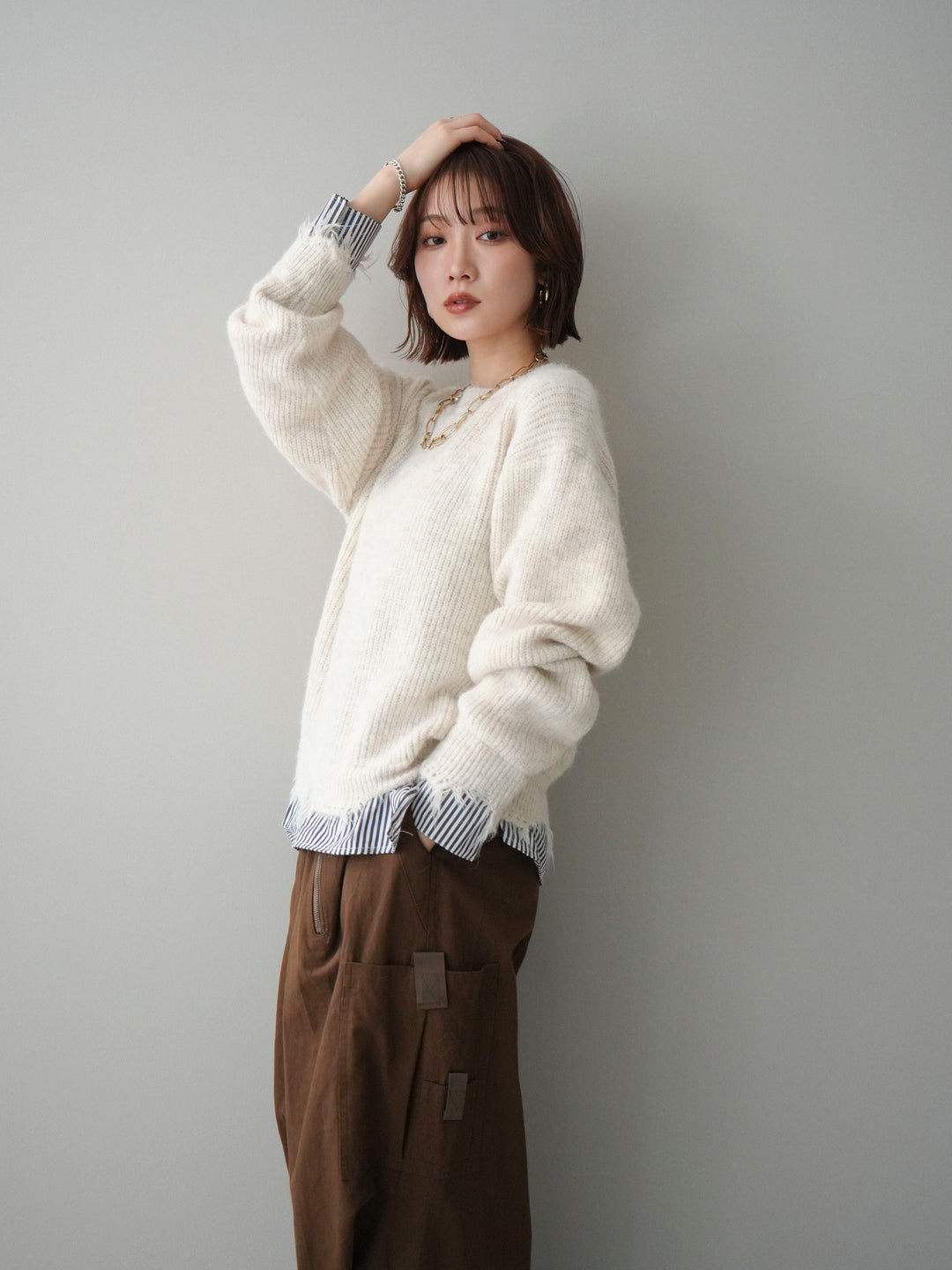 [SET]裾シャツレイヤードダメージニットプルオーバー+裾シャツレイヤードダメージニットプルオーバー(2set)