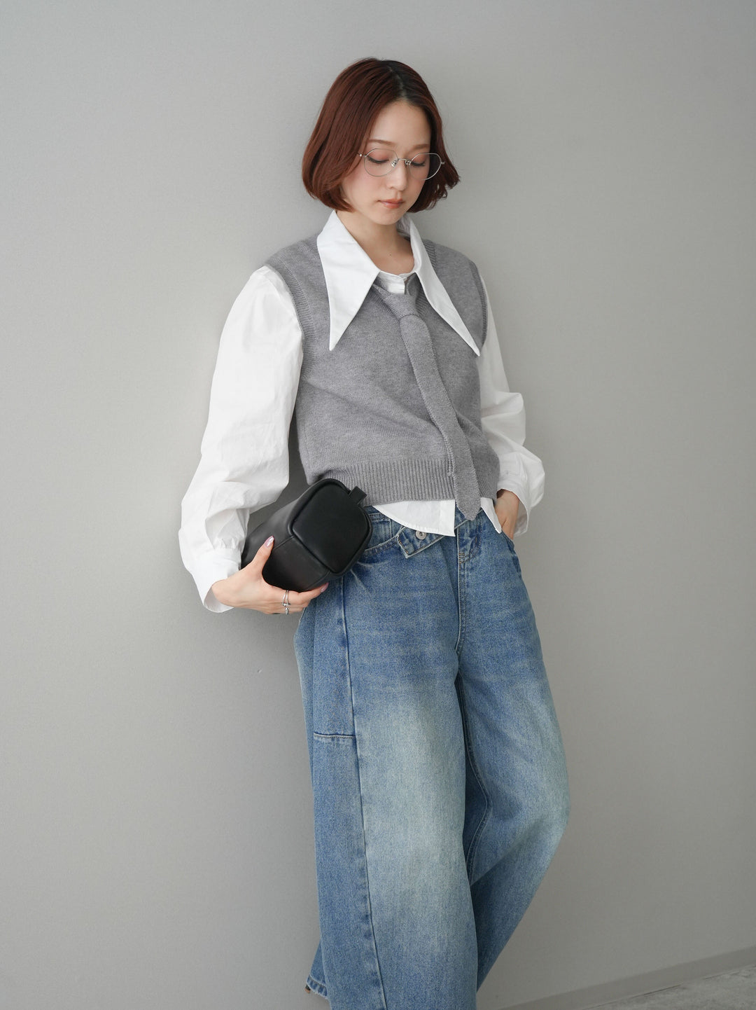 [SET]ボウタイ付ニットベストアンサンブルシャツ+アシメデザインワイドデニムパンツ(2set)