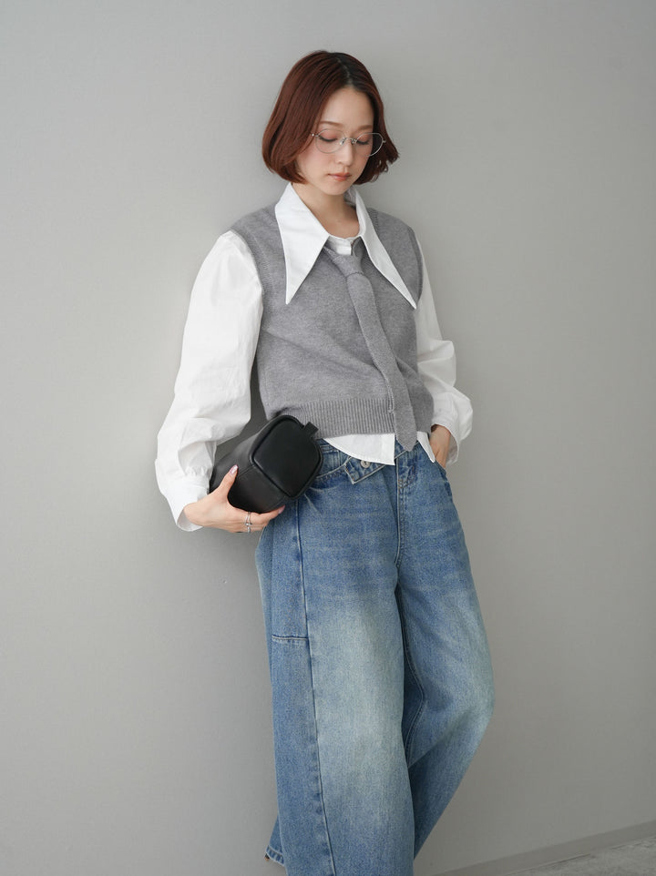 [SET]ボウタイ付ニットベストアンサンブルシャツ+アシメデザインワイドデニムパンツ(2set)