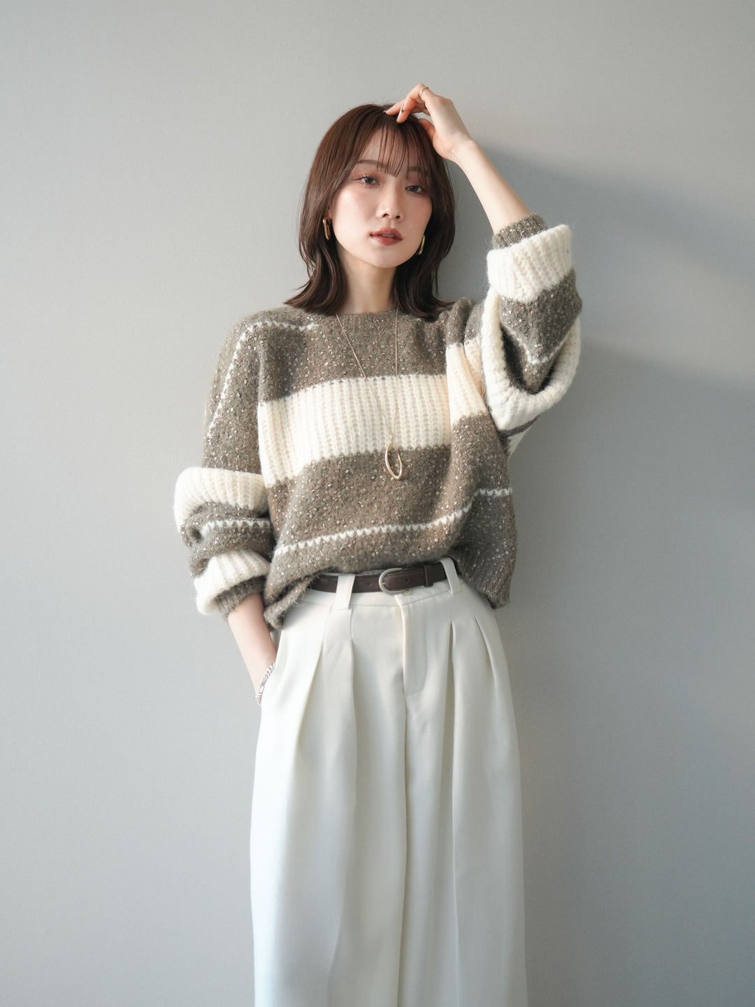 [予約]ネップヤーンボーダーニットプルオーバー/mocha