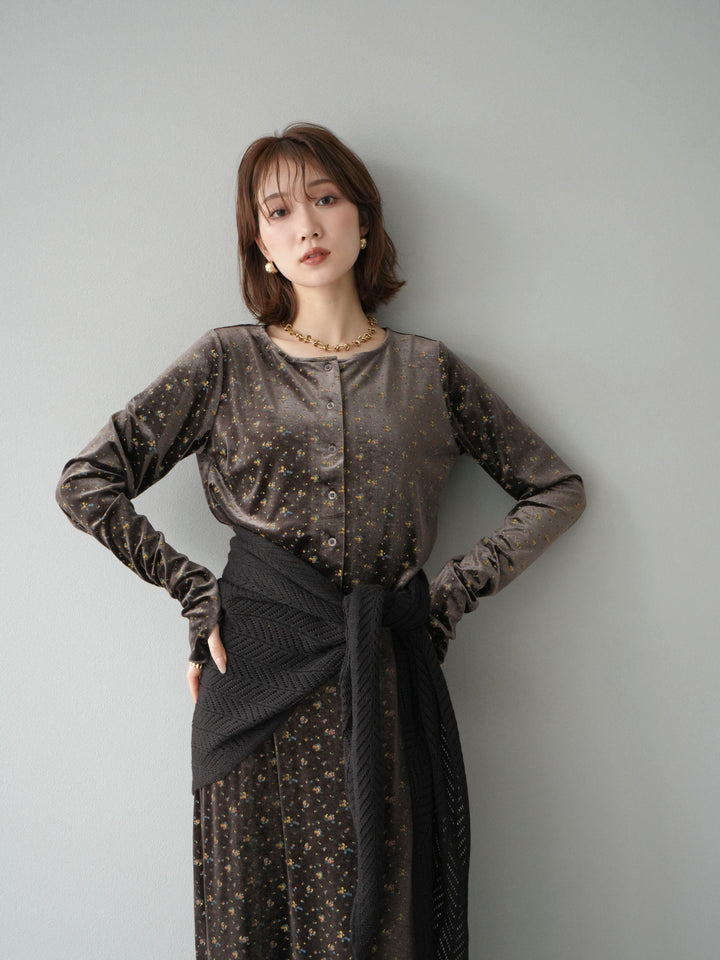 [SET]ベロアフラワープリントカーディガン+ベロアフラワープリントIラインスカート(2set)
