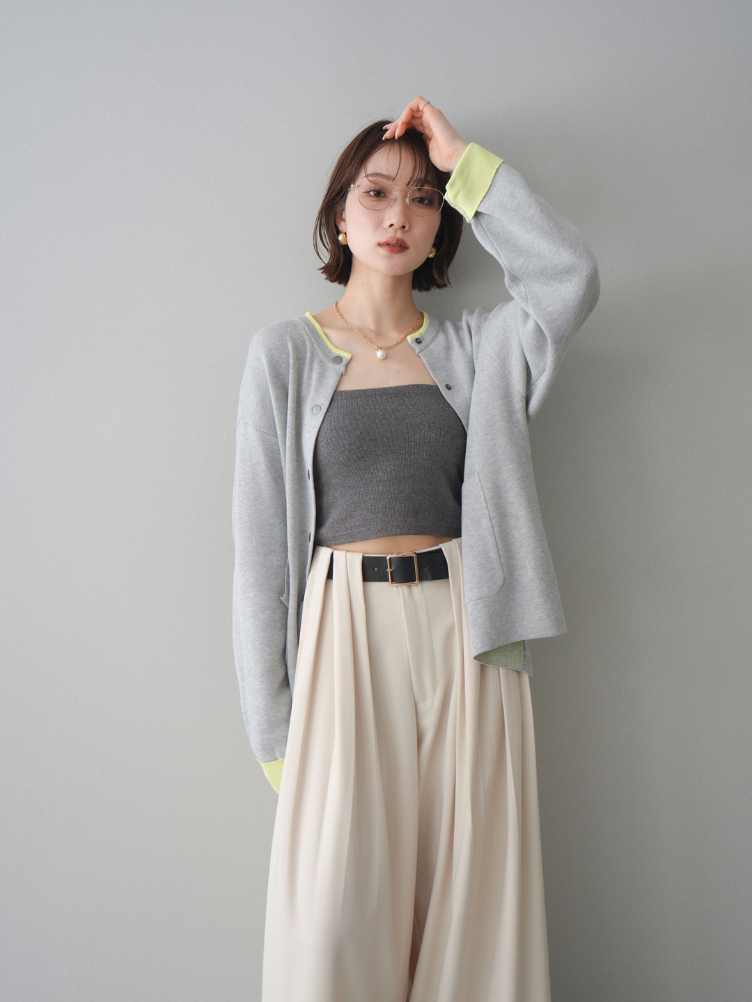 [SET]バイカラーオーバーニットカーディガン+タックベルトループワイドパンツ(2set)