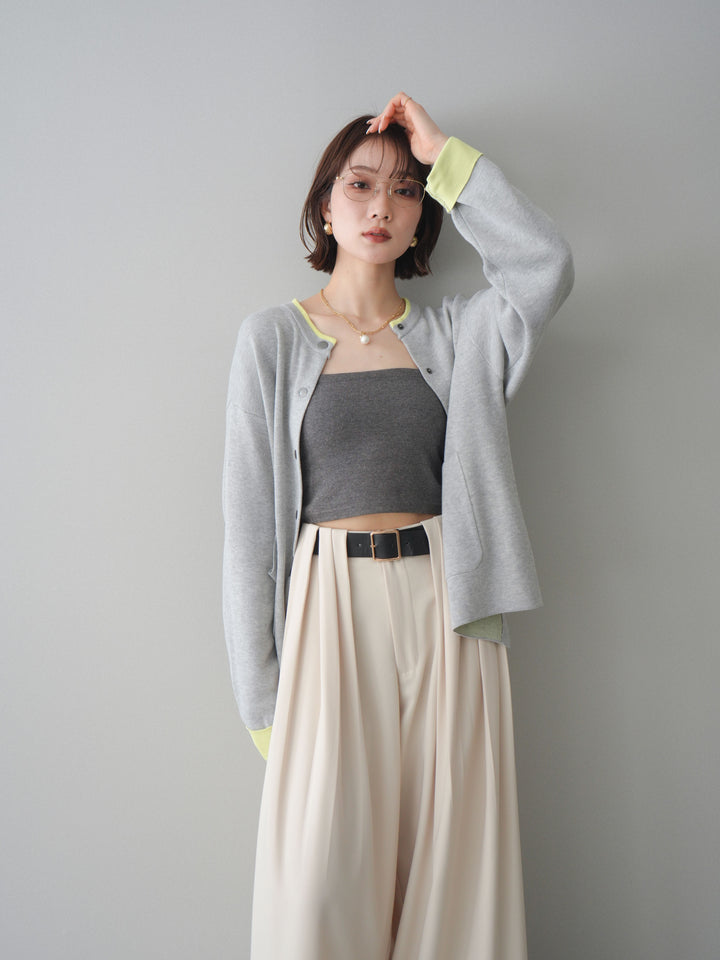 [SET]バイカラーオーバーニットカーディガン+タックベルトループワイドパンツ(2set)