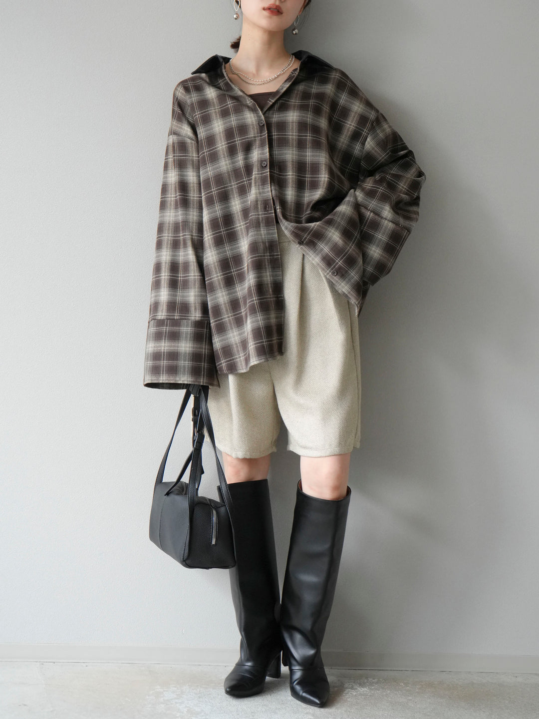 [予約]レザー襟オンブレチェックオーバーシャツ /ブラウン