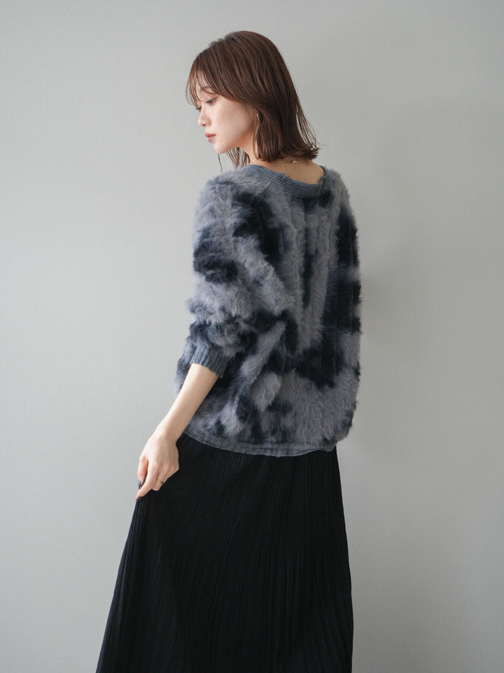 [予約]ニュアンス柄シャギーニットカーディガン/gray