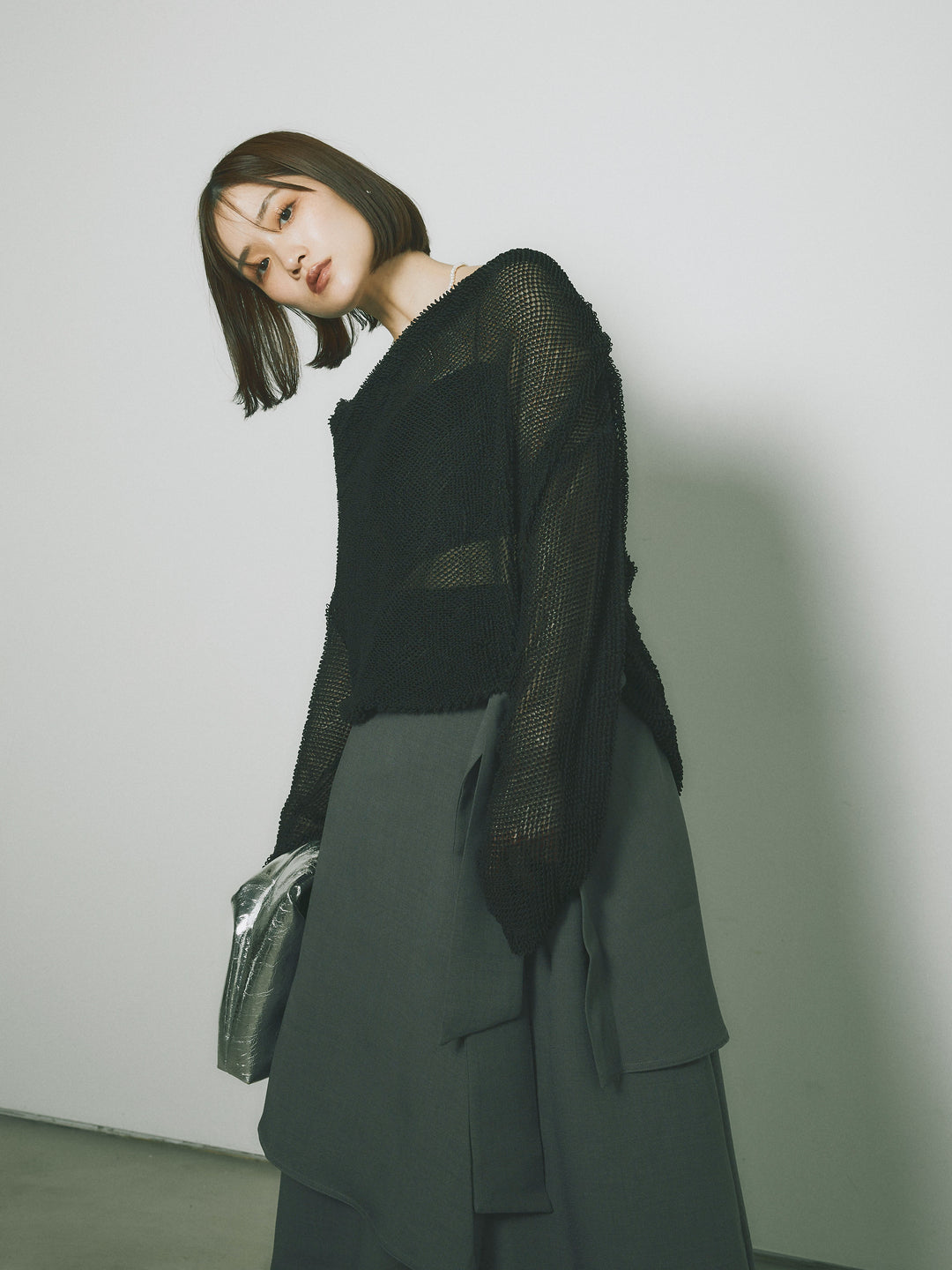 [SET] 後背垂墜網眼套頭衫+亞麻觸感裹身寬褲（2件套）