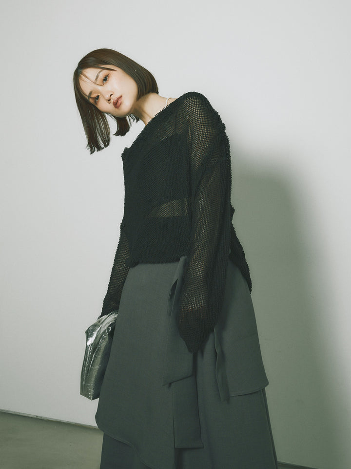 [SET] 後背垂墜網眼套頭衫+亞麻觸感裹身寬褲（2件套）