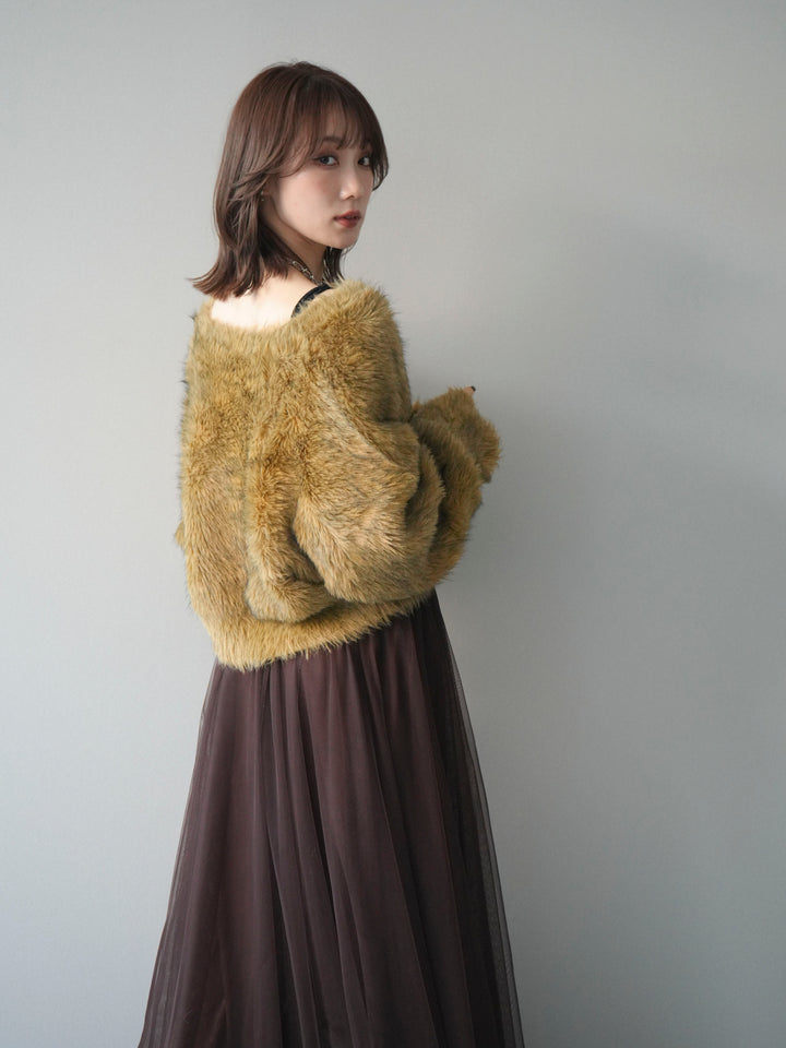 [予約]ミックスシャギーショートニットカーディガン/green