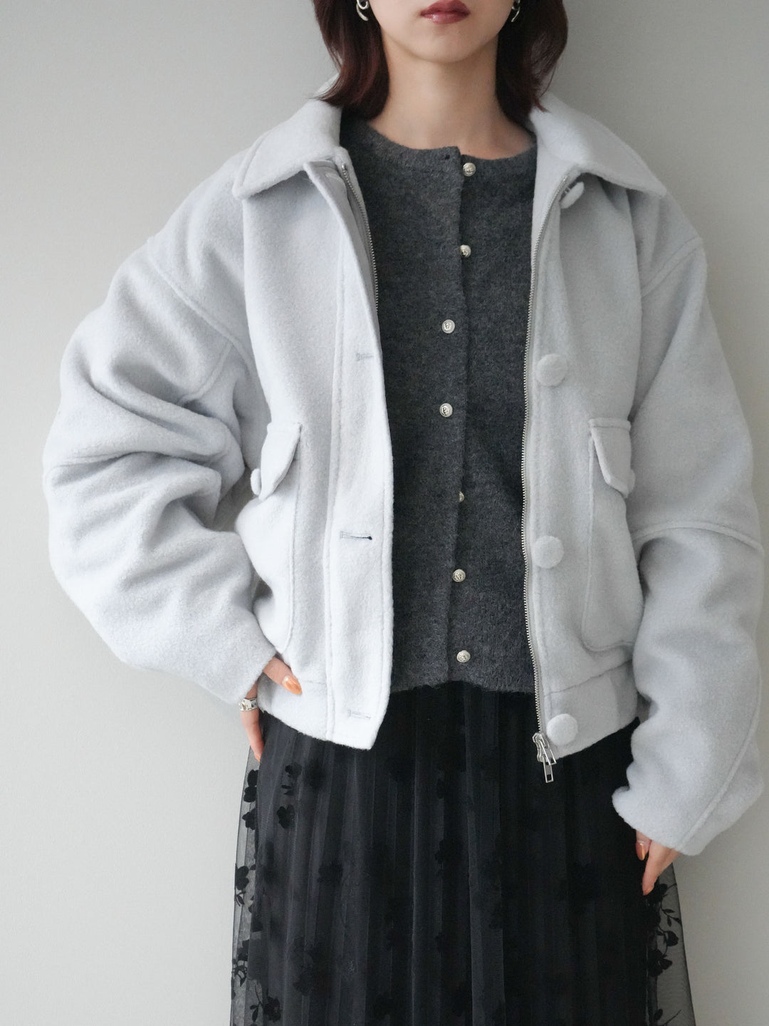 [SET]ウールライクフライトジャケット+アンティークボタンニットカーディガン(2set)