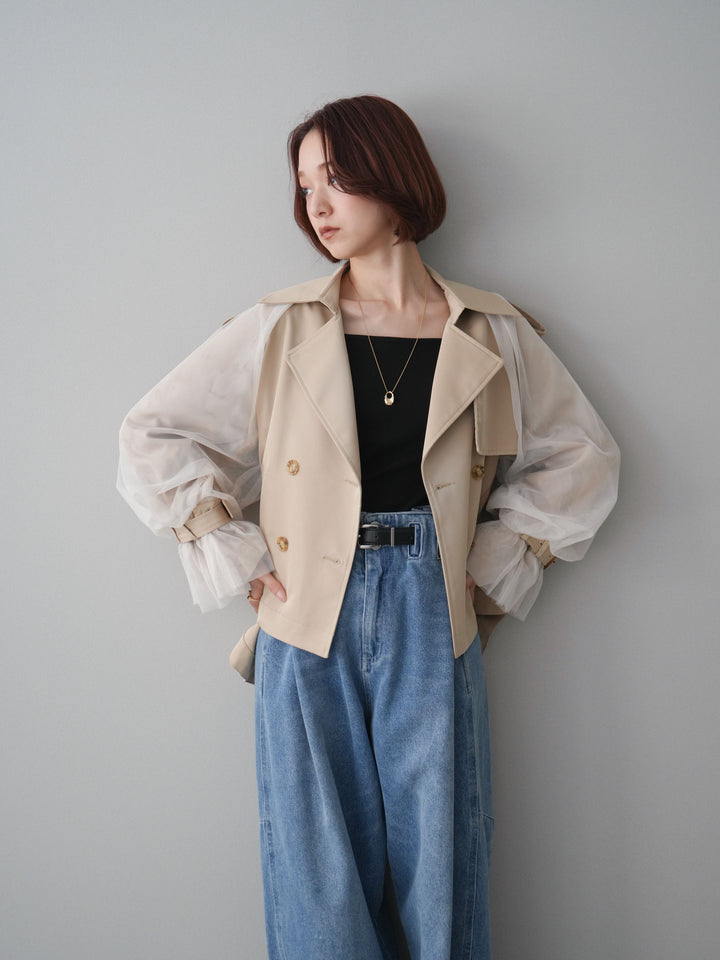 【預購】薄紗層疊蓬鬆袖短風衣/米色