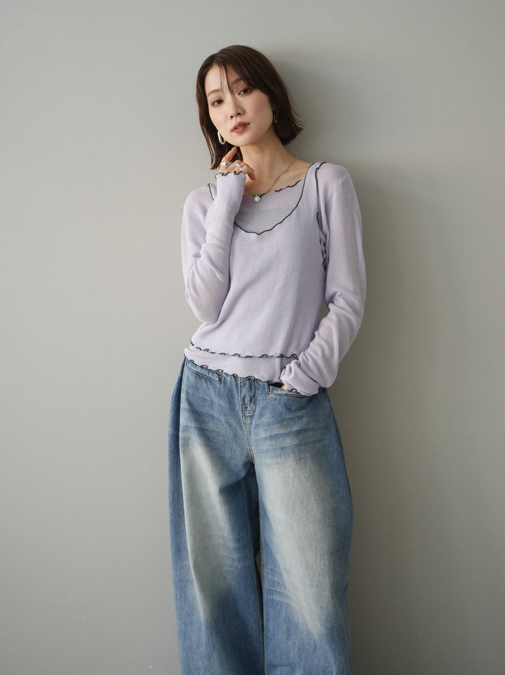 [SET]バイカラーメローアンサンブルシアーニットトップス+フロントポケットサイドタックワイドデニム(2set)