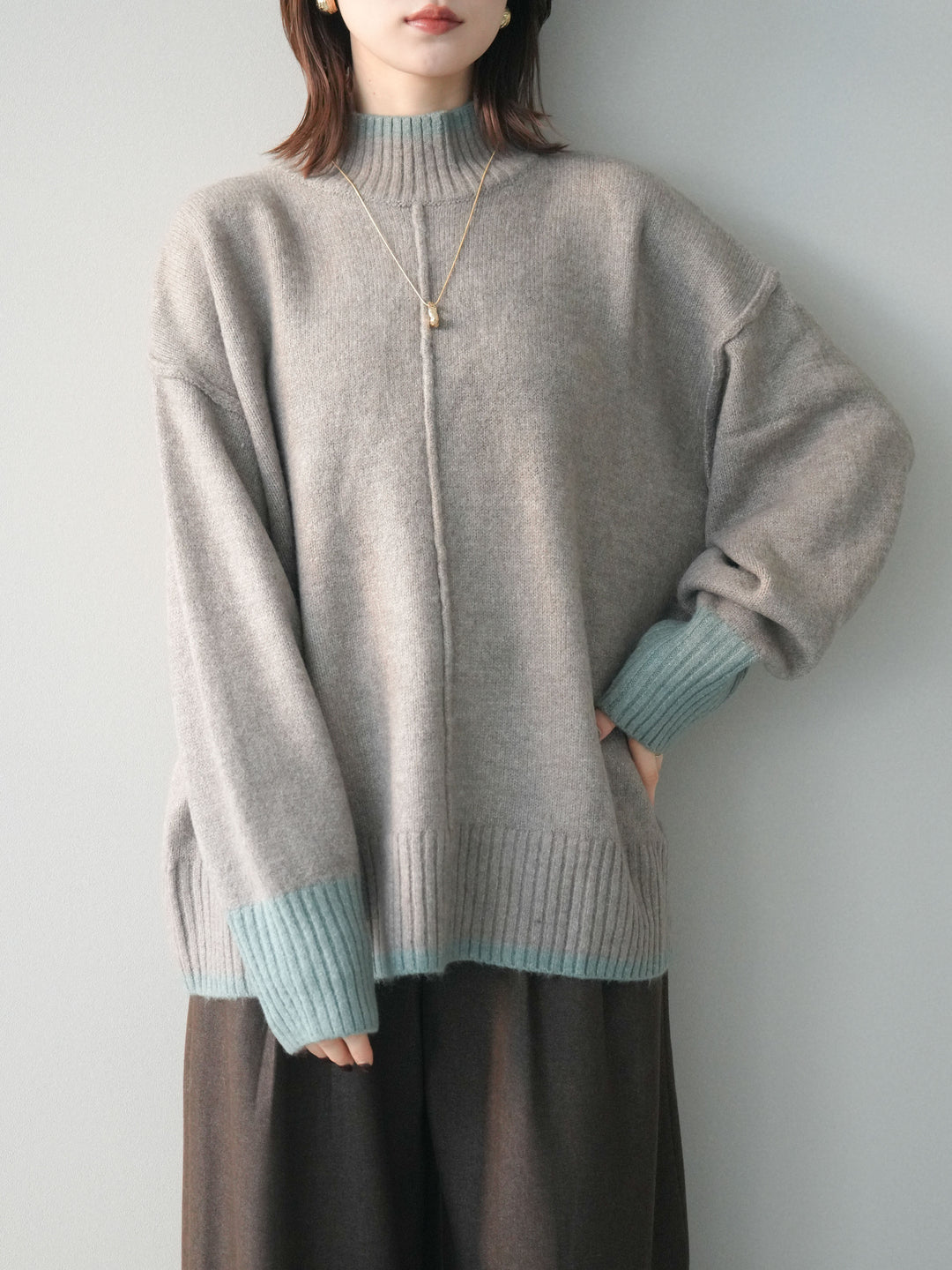 [SET]配色ハイネックニットプルオーバー+アニマル柄ベルト付きウールタッチワイドパンツ(2set)