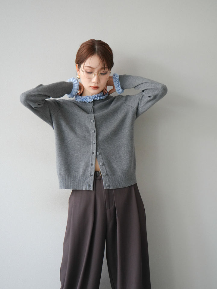 [予約]フリルデザインコンパクトニットカーディガン/グレー