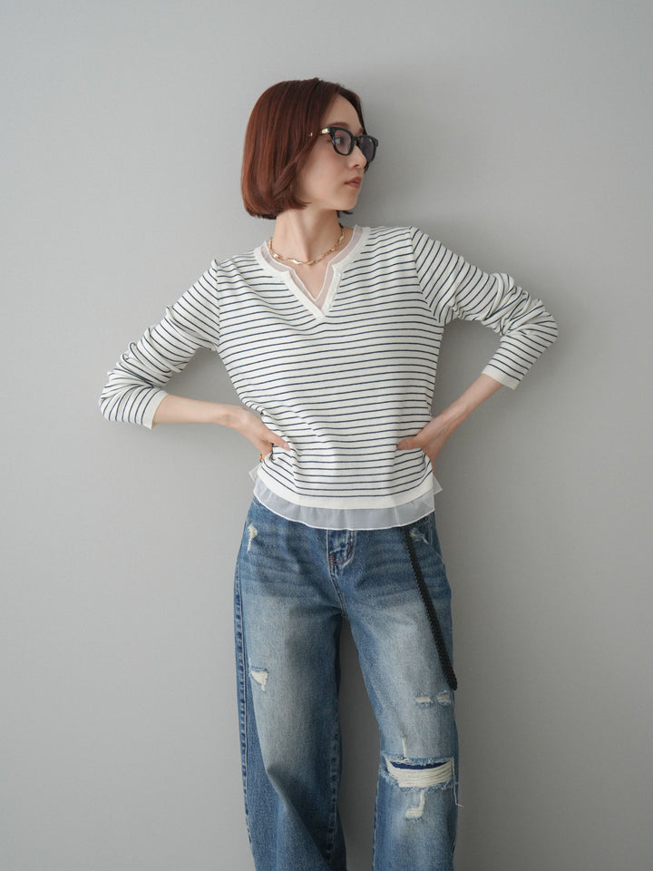 [SET]チュールレイヤードデザインボーダーニットトップス+ダメージデニムセミワイドパンツ(2set)